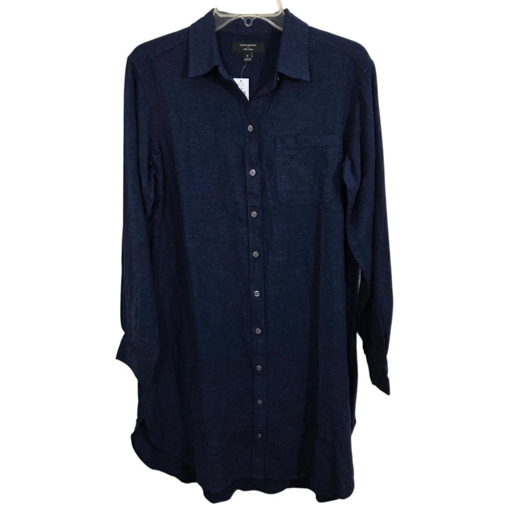 NWT Banana Republic Linen Blend Shirt Dress Navy Blue Mini Size Small - Picture 2 of 11